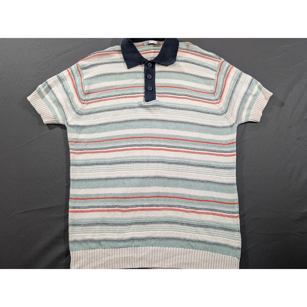 Zara Mens Striped Knit Polo Shirt Blue Cream Orange Short Sleeve Size M